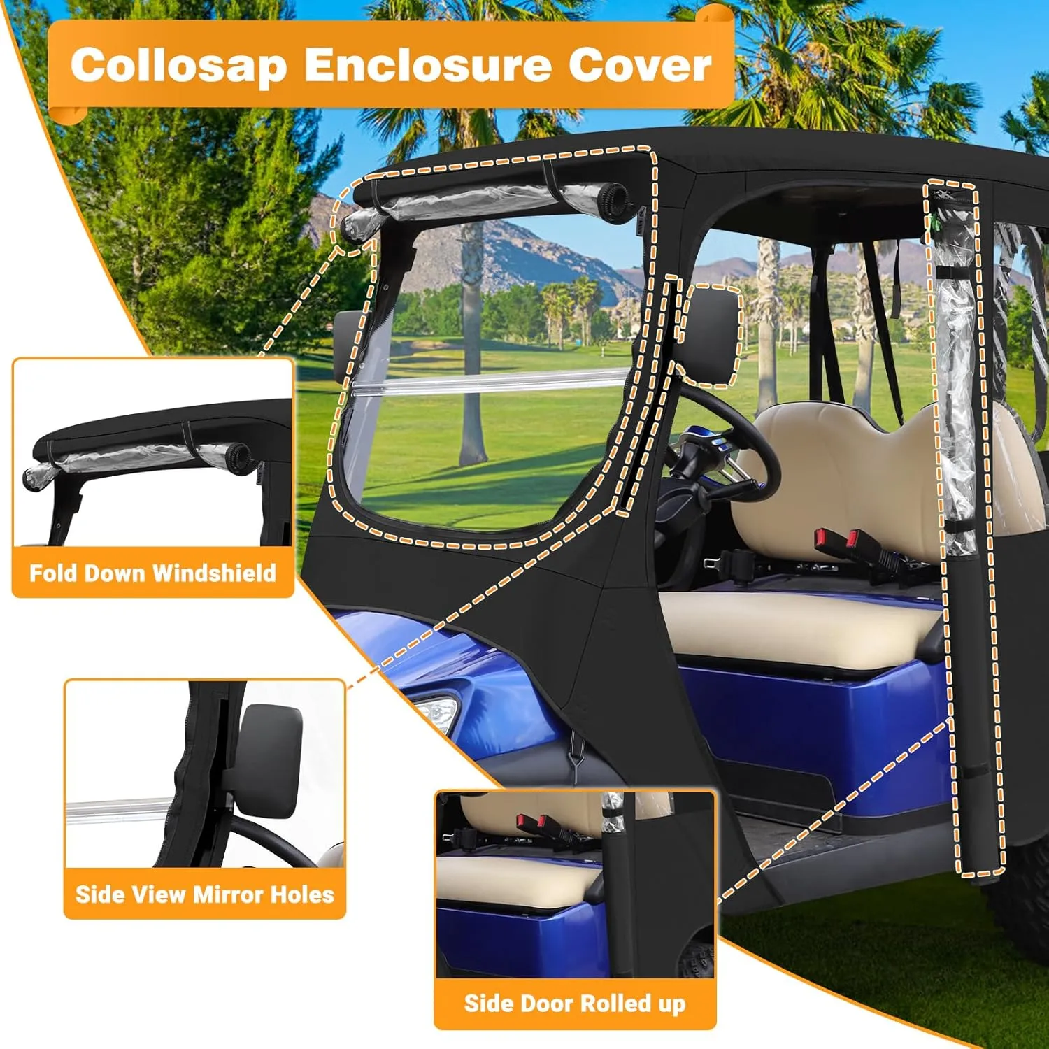 Golf Cart Enclosure Cover for Club Car Precedent, 2 Seat 600D Oxdord with 3 Door Zippers, Security Side Mirror Reserved, Waterproof Portable Transparent Storage Driving Rain Cover Short Roof