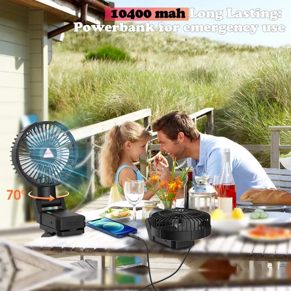 Golf Cart Fan Magnetic Rechargeable Camping Fan Outdoor,10400mAh Battery Operated Portable Clip on Fans,Lights,4 Speeds,70° Oscillation,Emergency Power Bank,Personal USB Cooling Fan
