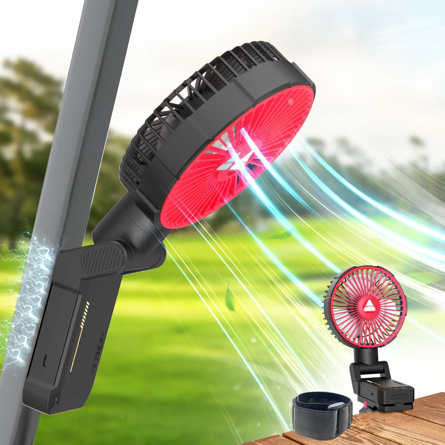 Golf Cart Fan Magnetic,10400mAh Rechargeable Clip on Camping Fan Portable, 180° Adjustable USB UTV Cooling Fans Lights for Outdoors, Tent, Stroller, Travel, Cruise Accessories (Red)