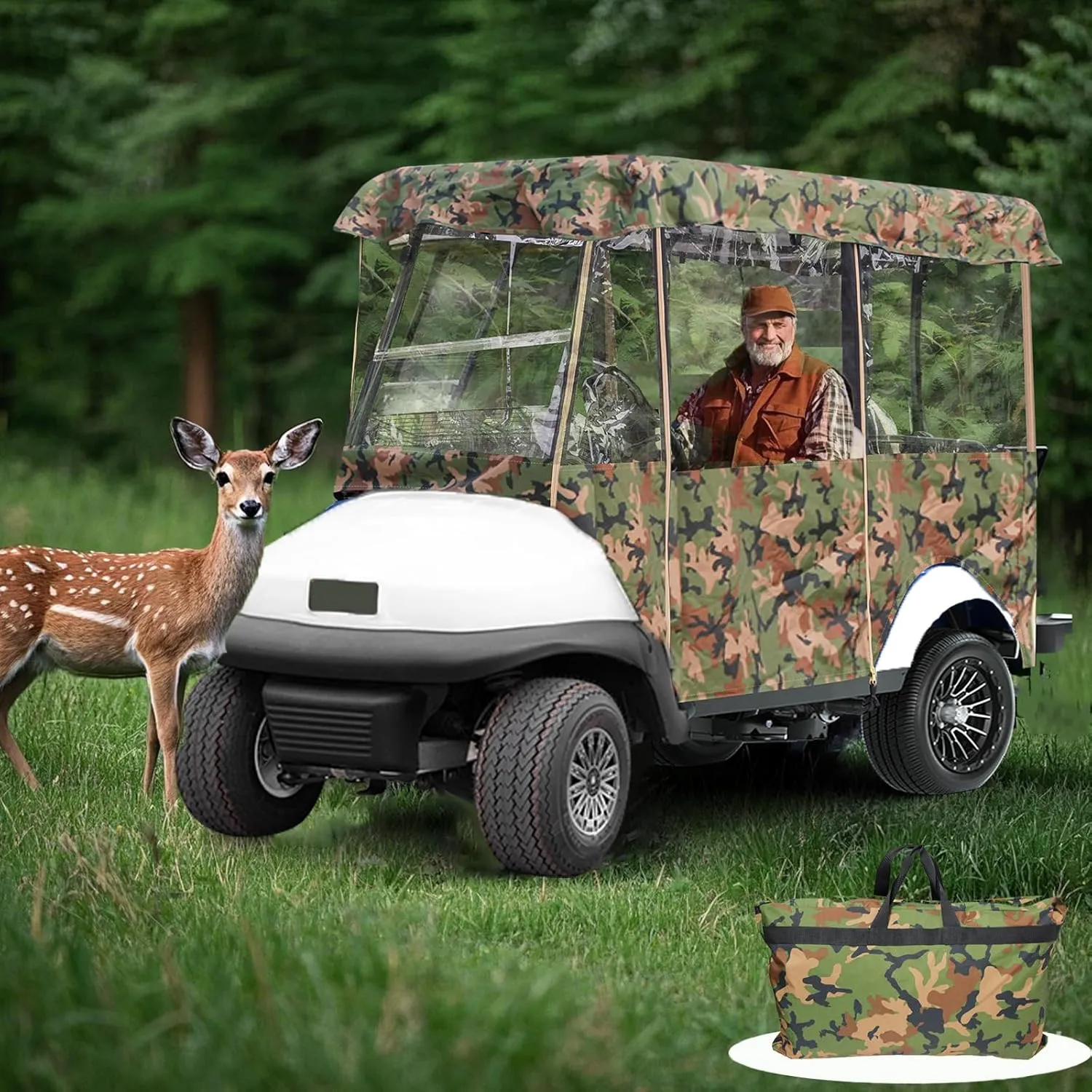 Golf Cart Rain Cover Enclosures 4 Passenger Extended Roof, Universal Clear Golfcart Poncho for Club Car Ezgo Yamaha, Side Curtains for Cold Weather Wind Winter Waterproof with Zippered Roll Up Doors