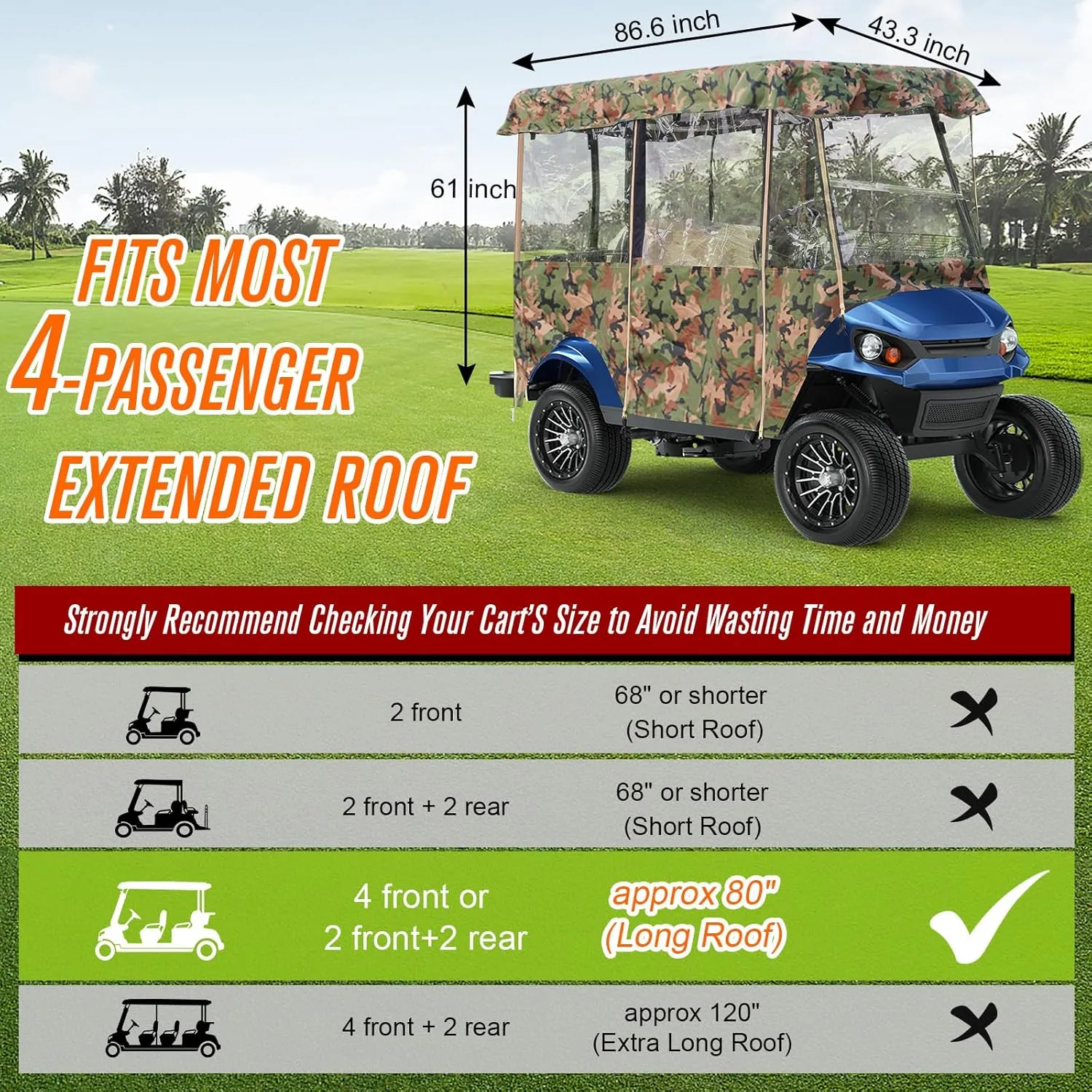 Golf Cart Rain Cover Enclosures 4 Passenger Extended Roof, Universal Clear Golfcart Poncho for Club Car Ezgo Yamaha, Side Curtains for Cold Weather Wind Winter Waterproof with Zippered Roll Up Doors