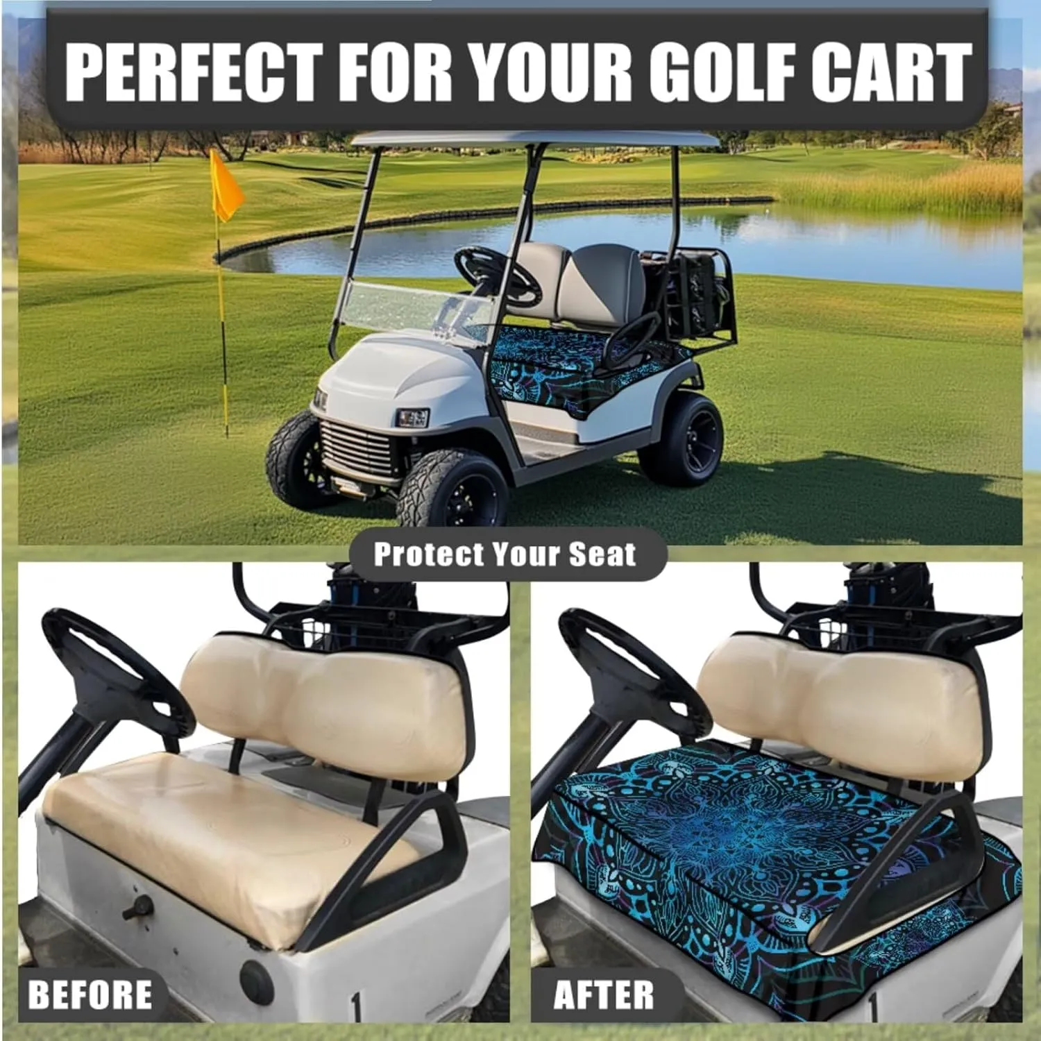 Golf Cart Seat Covers & Steering Gift Set - Mandala Print UV-Blocking Wheel Protector, Practical Golf Accessories for Men/Women (Club Car Compatible)