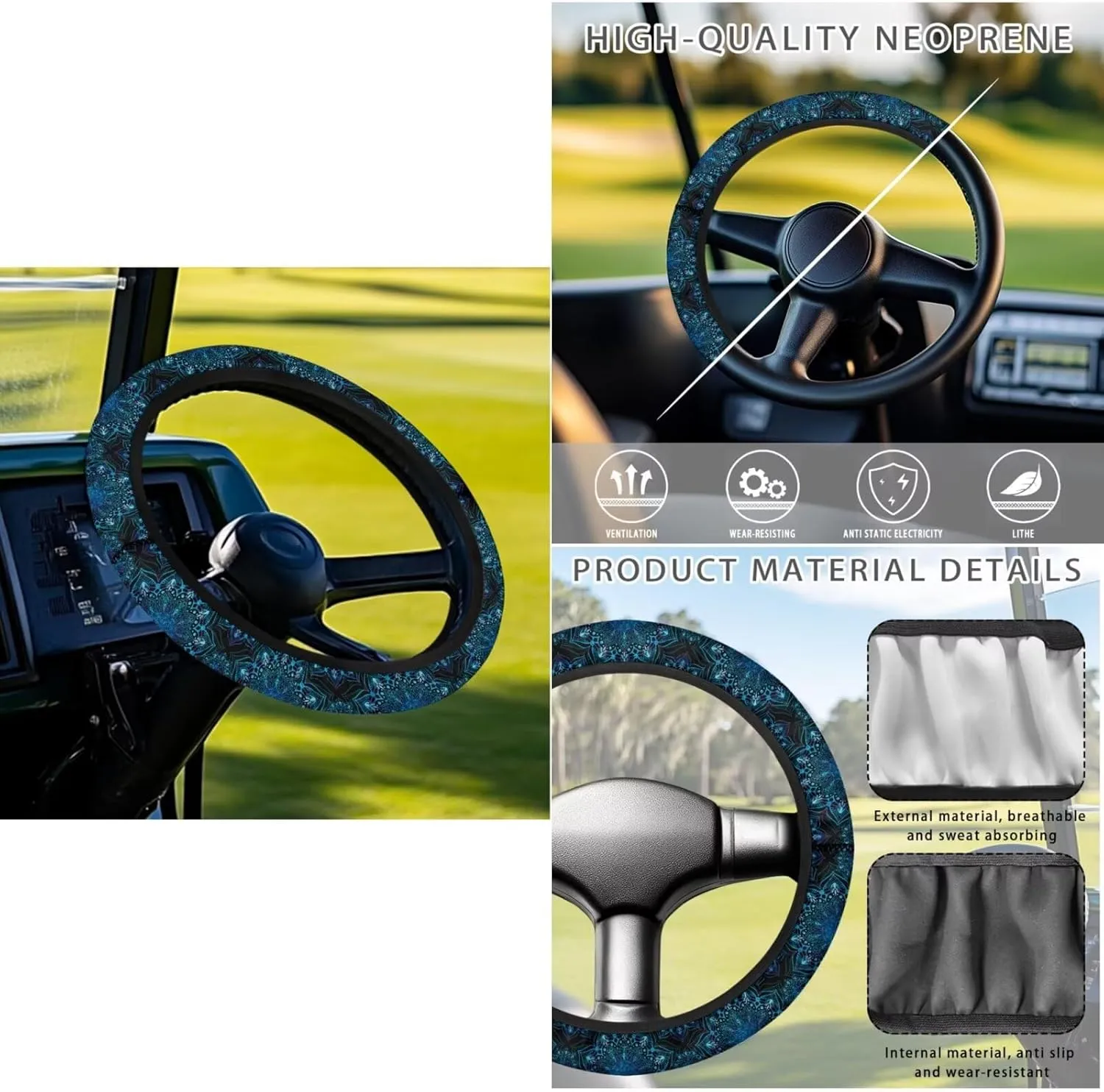 Golf Cart Seat Covers & Steering Gift Set - Mandala Print UV-Blocking Wheel Protector, Practical Golf Accessories for Men/Women (Club Car Compatible)