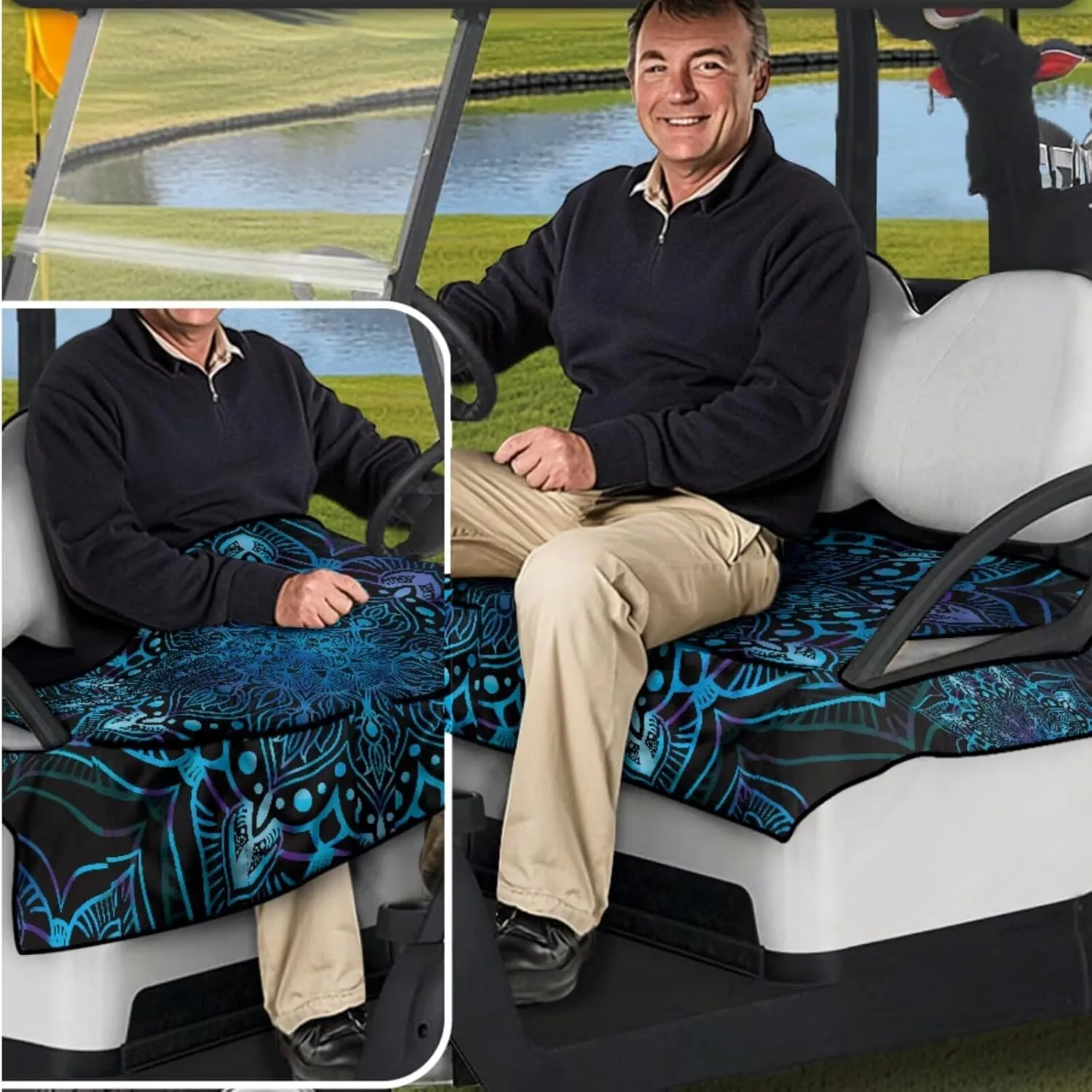 Golf Cart Seat Covers & Steering Gift Set - Mandala Print UV-Blocking Wheel Protector, Practical Golf Accessories for Men/Women (Club Car Compatible)