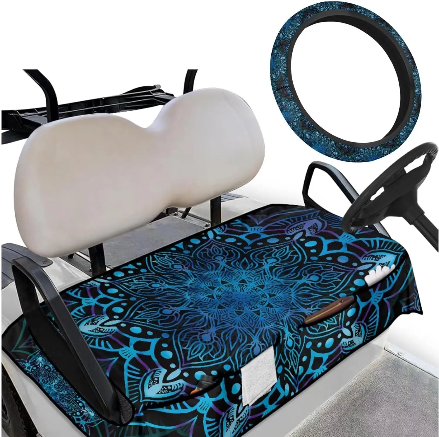 Golf Cart Seat Covers & Steering Gift Set - Mandala Print UV-Blocking Wheel Protector, Practical Golf Accessories for Men/Women (Club Car Compatible)
