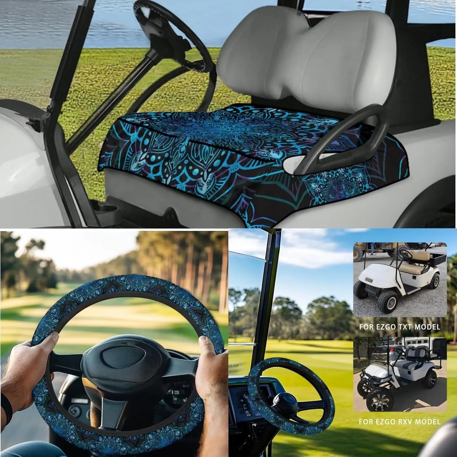 Golf Cart Seat Covers & Steering Gift Set - Mandala Print UV-Blocking Wheel Protector, Practical Golf Accessories for Men/Women (Club Car Compatible)