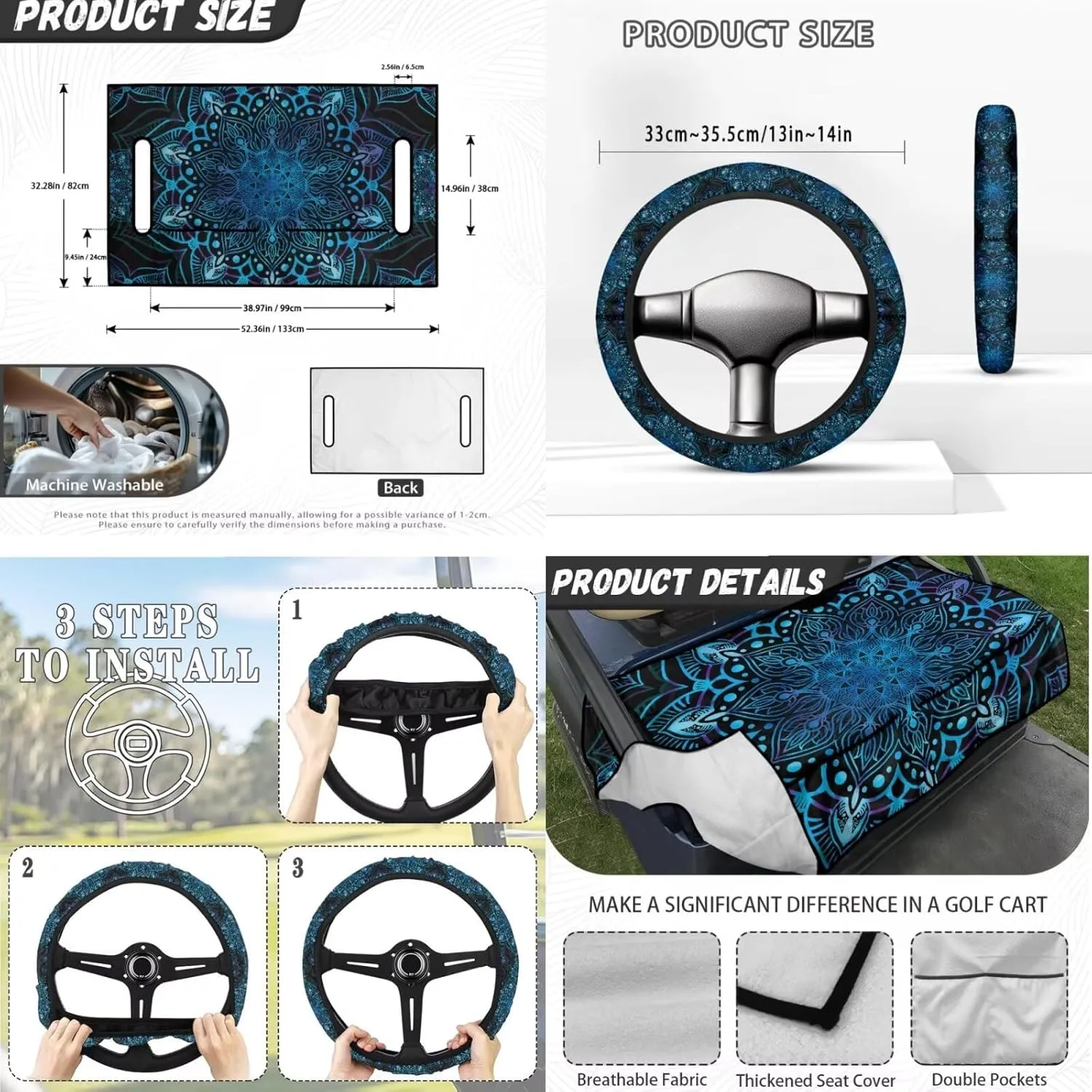 Golf Cart Seat Covers & Steering Gift Set - Mandala Print UV-Blocking Wheel Protector, Practical Golf Accessories for Men/Women (Club Car Compatible)