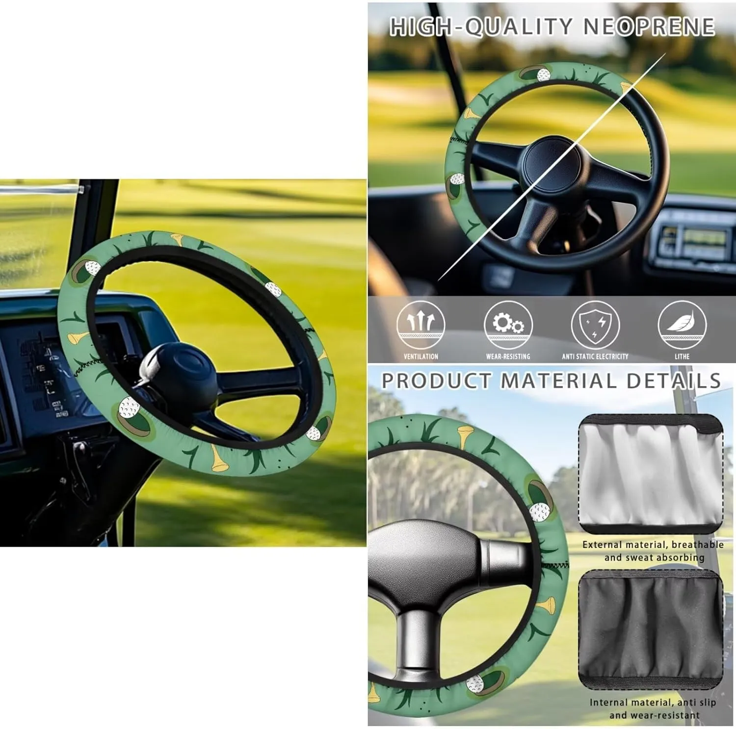 Golf Cart Seat Covers & Steering Wheel Cover Set - Anti-Slip 2-Seat Protector with 4 Pockets, All-Weather Golf Cart Accessories for Club Car (Men & Women)