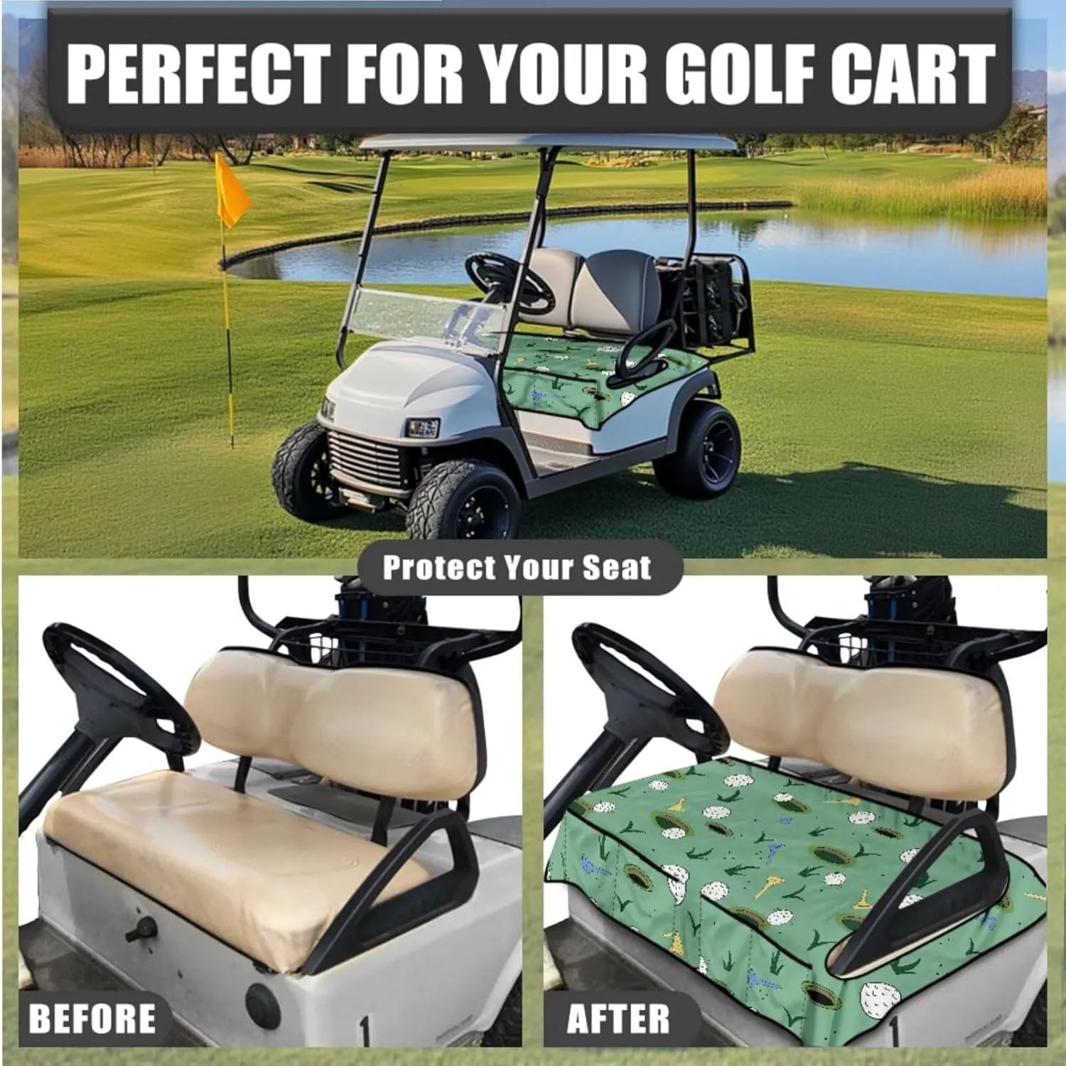 Golf Cart Seat Covers & Steering Wheel Cover Set - Anti-Slip 2-Seat Protector with 4 Pockets, All-Weather Golf Cart Accessories for Club Car (Men & Women)
