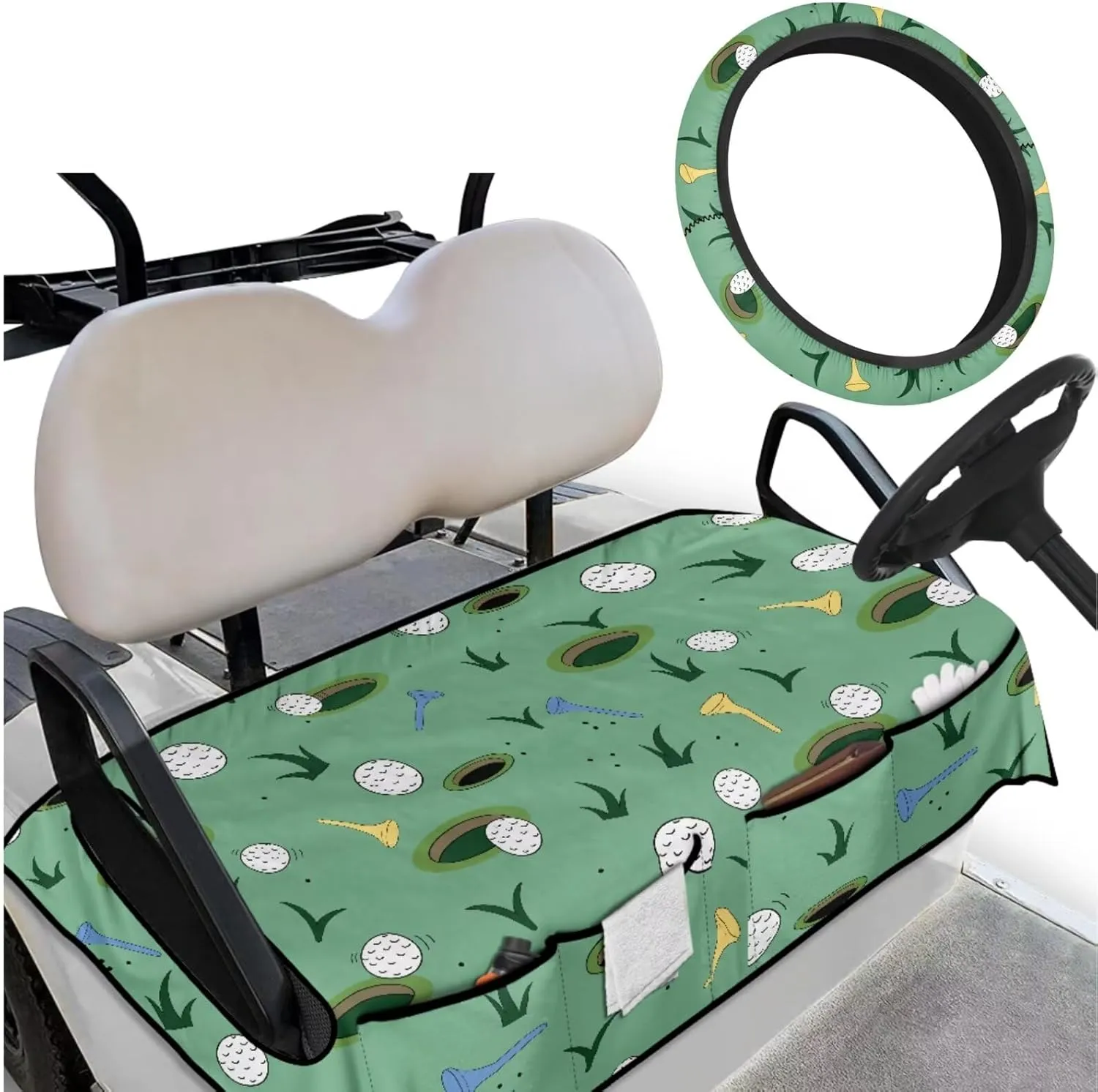 Golf Cart Seat Covers & Steering Wheel Cover Set - Anti-Slip 2-Seat Protector with 4 Pockets, All-Weather Golf Cart Accessories for Club Car (Men & Women)