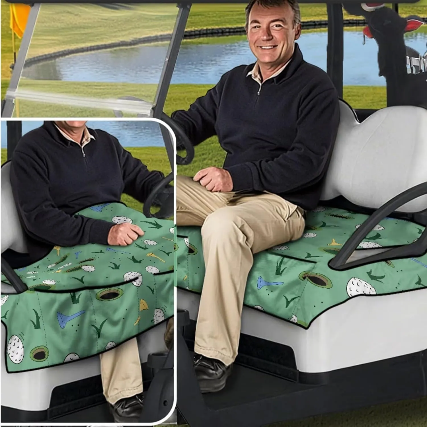 Golf Cart Seat Covers & Steering Wheel Cover Set - Anti-Slip 2-Seat Protector with 4 Pockets, All-Weather Golf Cart Accessories for Club Car (Men & Women)