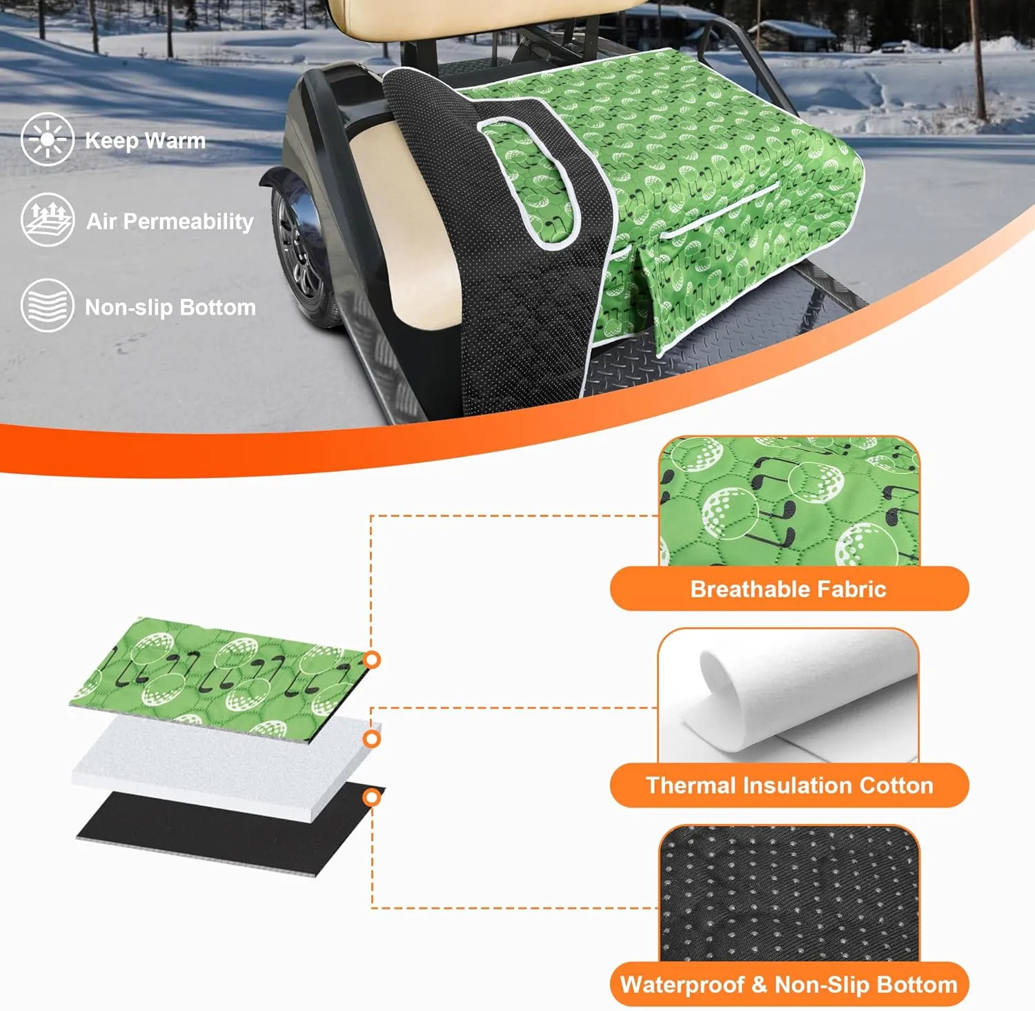 Golf Cart Seat Covers, Universal Golf Cart Seat Towel Blanket with 4 Front Pockets & Nonskid Bottom Fits for EZGO, Yamaha, Club Car and More 2 Person Seats Golf Carts