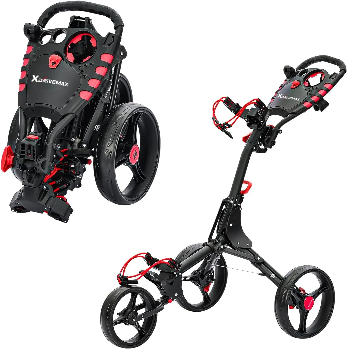 Golf Cart Series: 3-Wheel Folding Push Carts in Black, White, Green, and Red. Lightweight with Cup Holders, scorecard Holders, and Storage, Perfect for Golf Clubs and Bags.