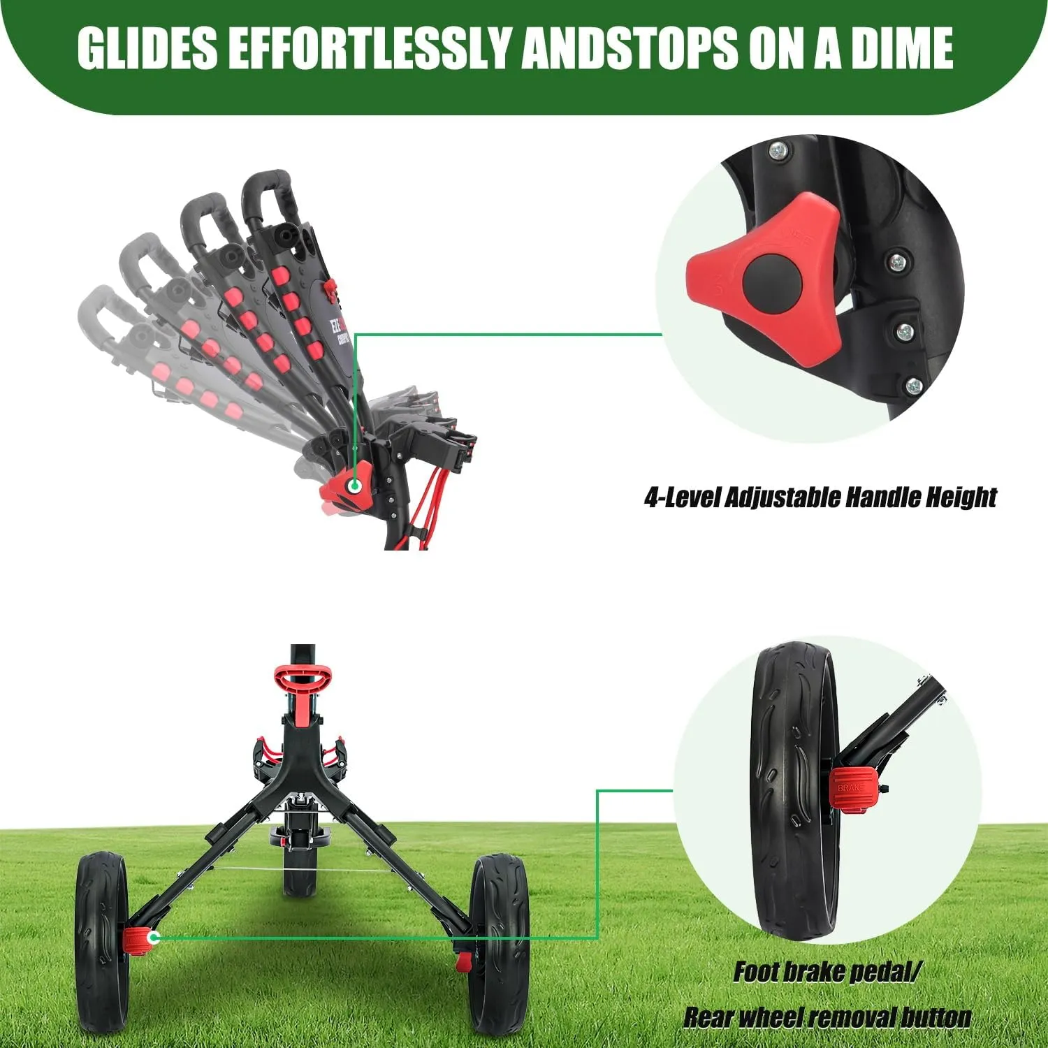 Golf Cart Series: 3-Wheel Folding Push Carts in Black, White, Green, and Red. Lightweight with Cup Holders, scorecard Holders, and Storage, Perfect for Golf Clubs and Bags.