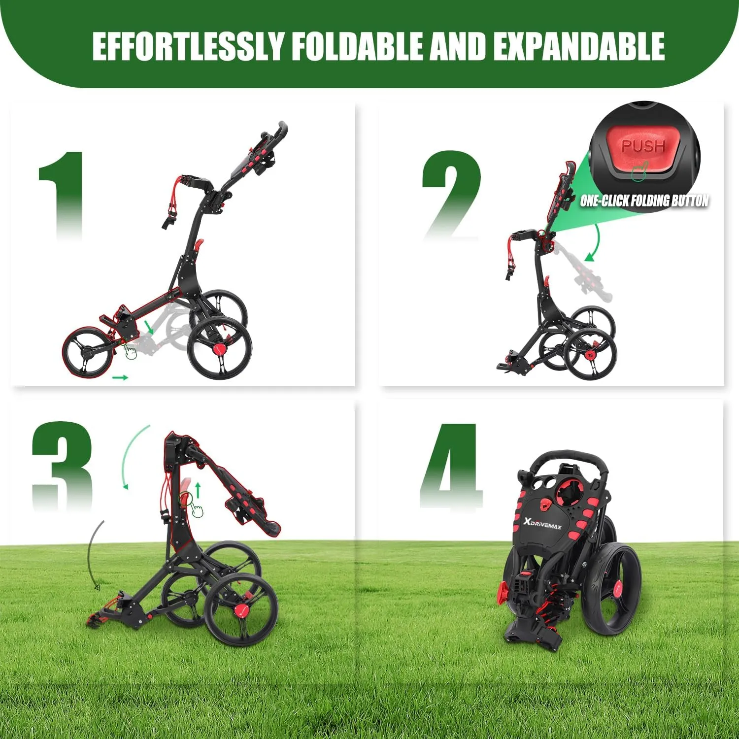 Golf Cart Series: 3-Wheel Folding Push Carts in Black, White, Green, and Red. Lightweight with Cup Holders, scorecard Holders, and Storage, Perfect for Golf Clubs and Bags.
