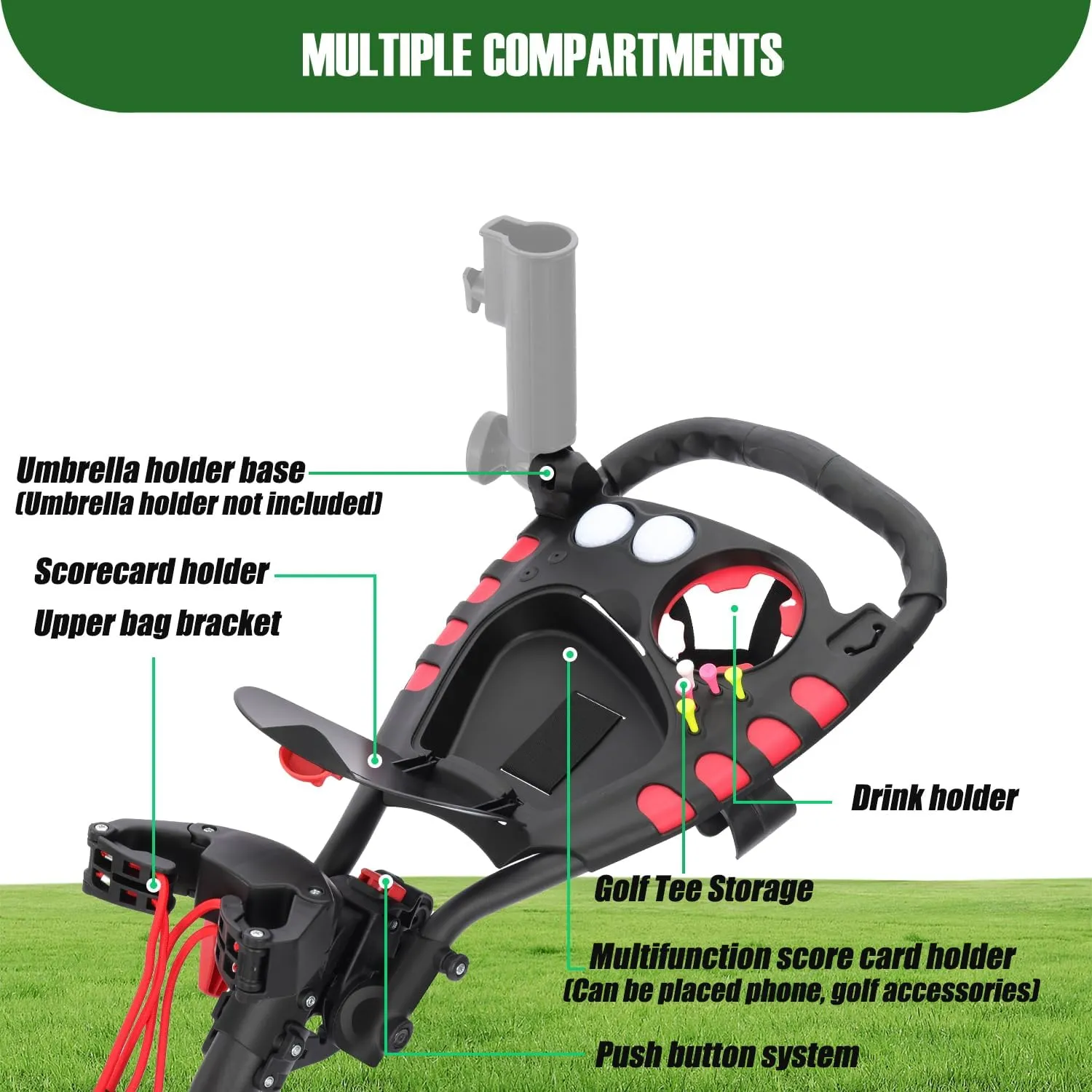 Golf Cart Series: 3-Wheel Folding Push Carts in Black, White, Green, and Red. Lightweight with Cup Holders, scorecard Holders, and Storage, Perfect for Golf Clubs and Bags.