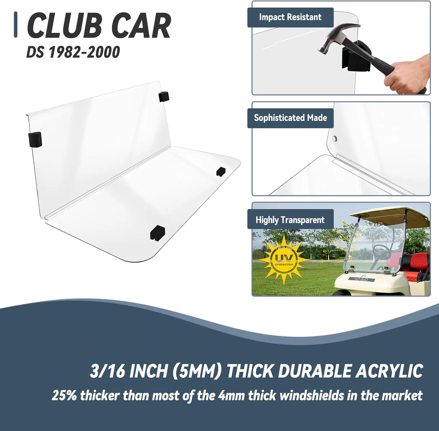 Golf Cart Windshield Club Car DS 1982-2000 Gas & Electric Models, 5MM Thicken Foldable, Highly Transparent and Impact Resistant Acrylic - Clear