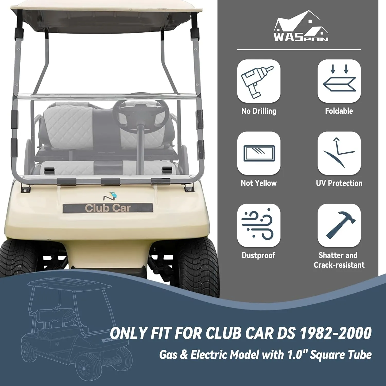 Golf Cart Windshield Club Car DS 1982-2000 Gas & Electric Models, 5MM Thicken Foldable, Highly Transparent and Impact Resistant Acrylic - Clear