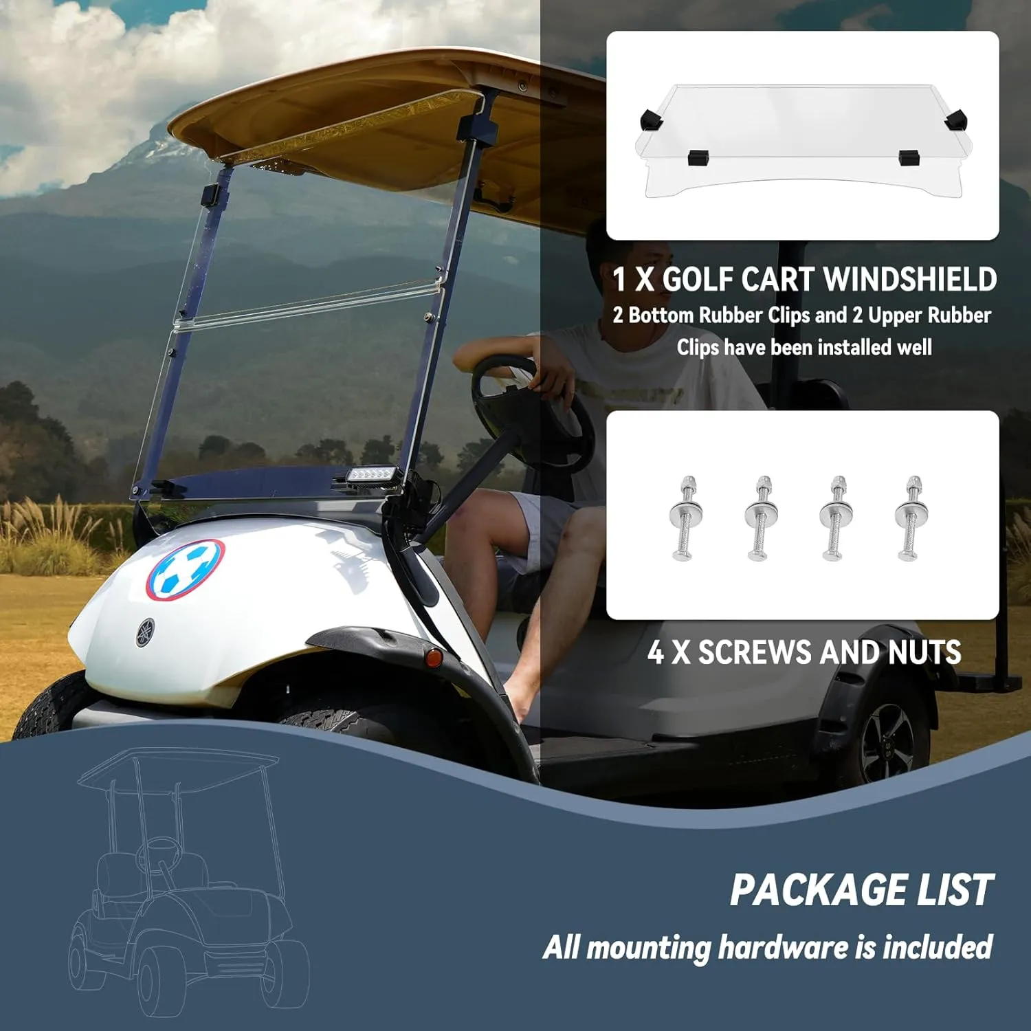 Golf Cart Windshield for YAMAHA G29/Drive 2007-2016 Gas & Electric Models, 5MM Thicken Foldable, Clear Highly Transparent and Impact Resistant Acrylic