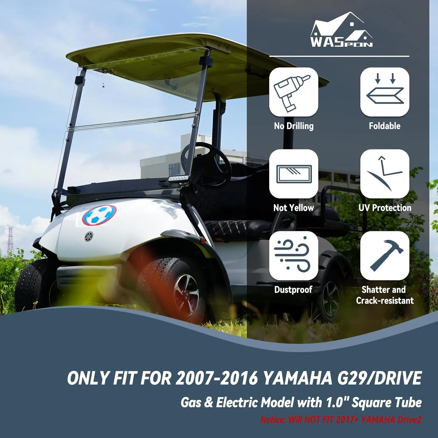 Golf Cart Windshield for YAMAHA G29/Drive 2007-2016 Gas & Electric Models, 5MM Thicken Foldable, Clear Highly Transparent and Impact Resistant Acrylic