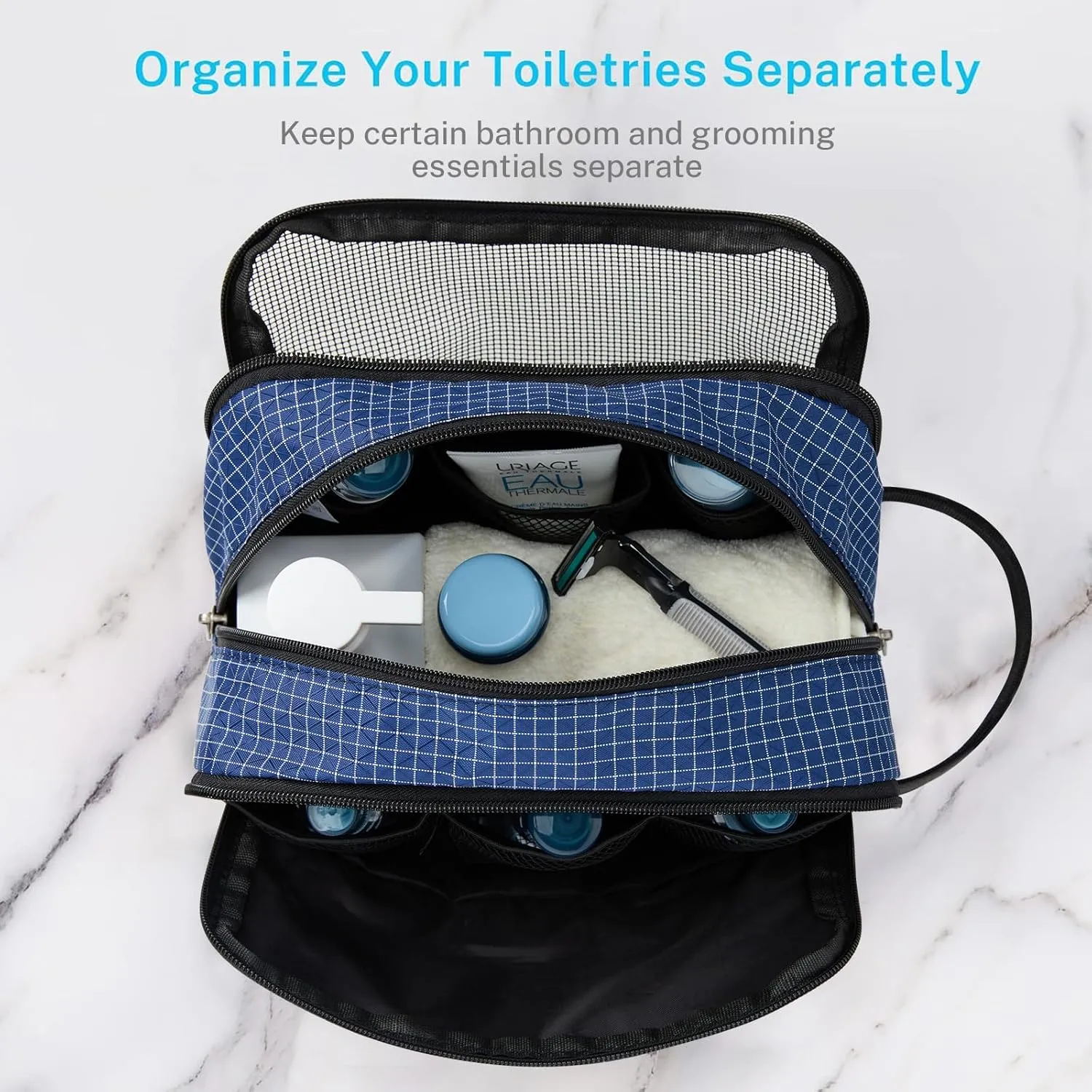 Gonex Travel Toiletry Bag Nylon, Dopp Kit Shaving Bag Toiletry Organizer Checkered Pattern (Navy Blue)