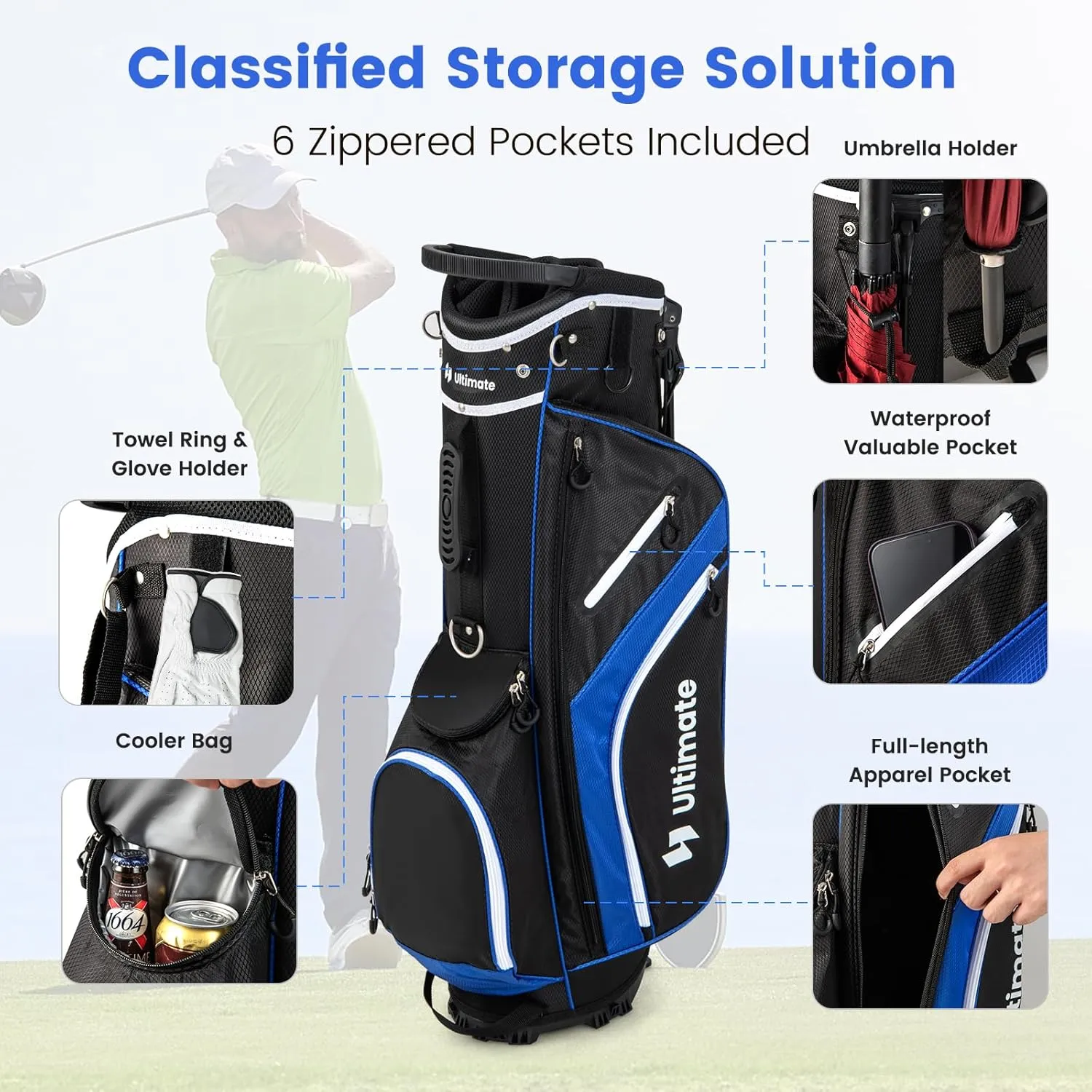 Goplus 14 Way Top Dividers Golf Stand Bag, Lightweight Golf Clubs Bag with Cooler Bag, 6 Zippered Pockets, Dual Shoulder Straps, Rain Hood, Portable Golf Bag with Stand for Men Women