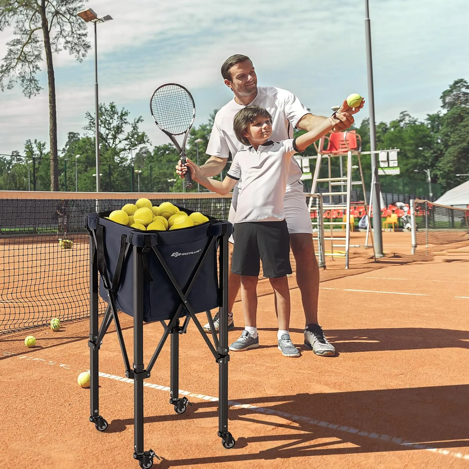 Goplus Foldable Tennis Ball Hopper, Lightweight Aluminum Tennis Ball Basket with Wheels, Removable Bag, Side Pockets, Carry Bag, Portable Sports Teaching Cart Holds 150 Tennis Balls