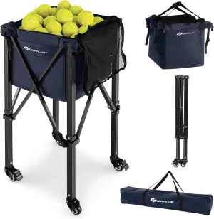 Goplus Foldable Tennis Ball Hopper, Lightweight Aluminum Tennis Ball Basket with Wheels, Removable Bag, Side Pockets, Carry Bag, Portable Sports Teaching Cart Holds 150 Tennis Balls