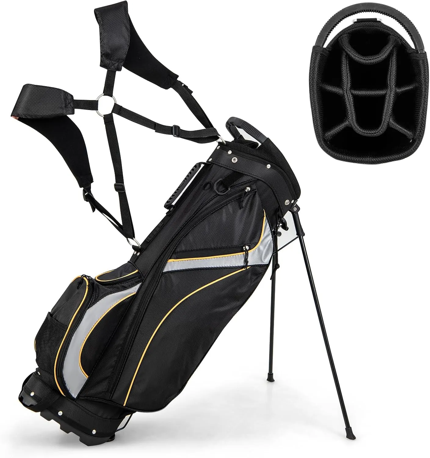 Goplus Golf Stand Bag, Golf Club Bag 8 Way Top Dividers, Cooler Bag, 7 Zippered Pockets, Adjustable Dual Strap, Rain Hood, 4.5LBS Lightweight Portable Golf Bag with Stand for Men Women