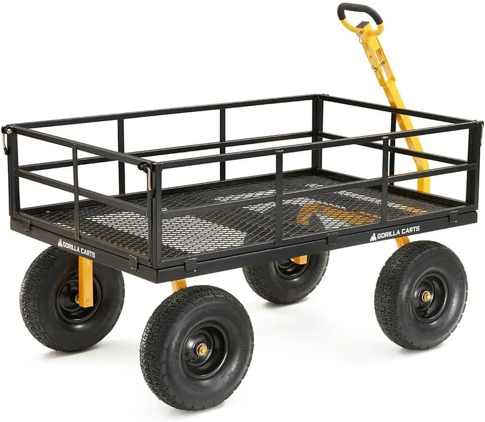 Gorilla Carts GOR1400-COM Steel Utility Garden Cart, Heavy-Duty Convertible 2-in-1 Handle and Removable Sides, 12 cu ft, 1400 lb Capacity, Black