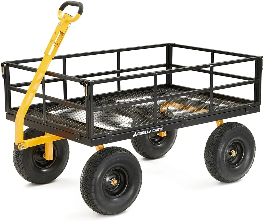Gorilla Carts GOR1400-COM Steel Utility Garden Cart, Heavy-Duty Convertible 2-in-1 Handle and Removable Sides, 12 cu ft, 1400 lb Capacity, Black