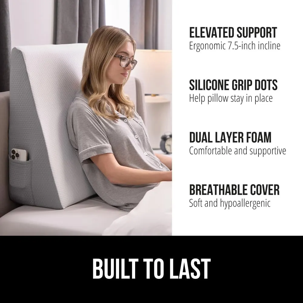 GORILLA GRIP Bed Wedge Ergonomic Sleeping Pillow, Soft Dual Layer Memory Foam, Stay in Place Dots, Breathable, Headboard Triangle Sleep Support for Reading Acid Reflux Anti Snoring, 7.5in White Gray