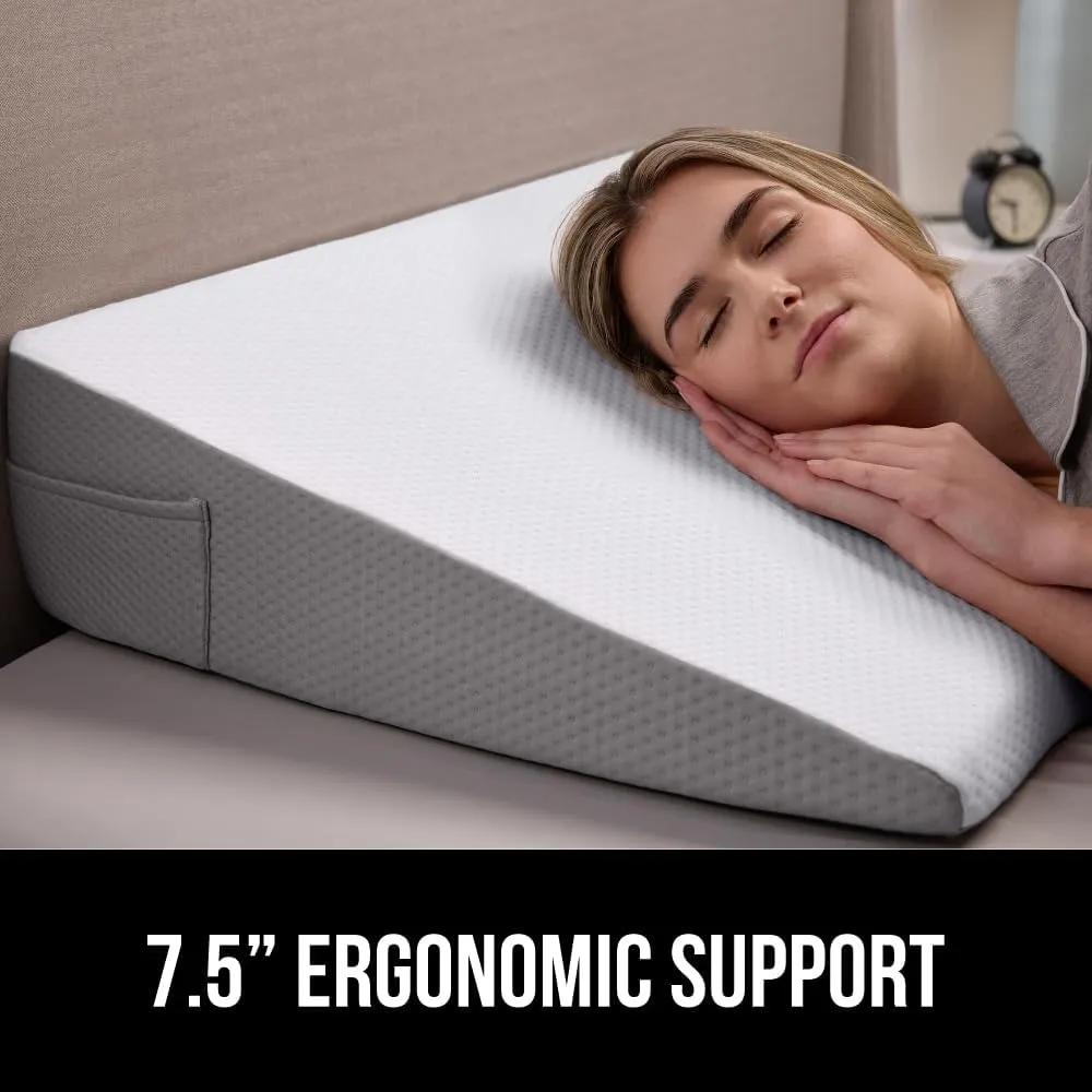 GORILLA GRIP Bed Wedge Ergonomic Sleeping Pillow, Soft Dual Layer Memory Foam, Stay in Place Dots, Breathable, Headboard Triangle Sleep Support for Reading Acid Reflux Anti Snoring, 7.5in White Gray