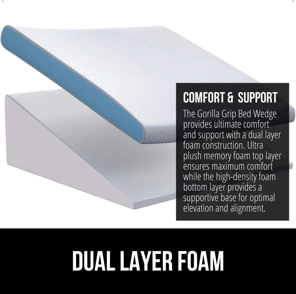 GORILLA GRIP Bed Wedge Ergonomic Sleeping Pillow, Soft Dual Layer Memory Foam, Stay in Place Dots, Breathable, Headboard Triangle Sleep Support for Reading Acid Reflux Anti Snoring, 7.5in White Gray