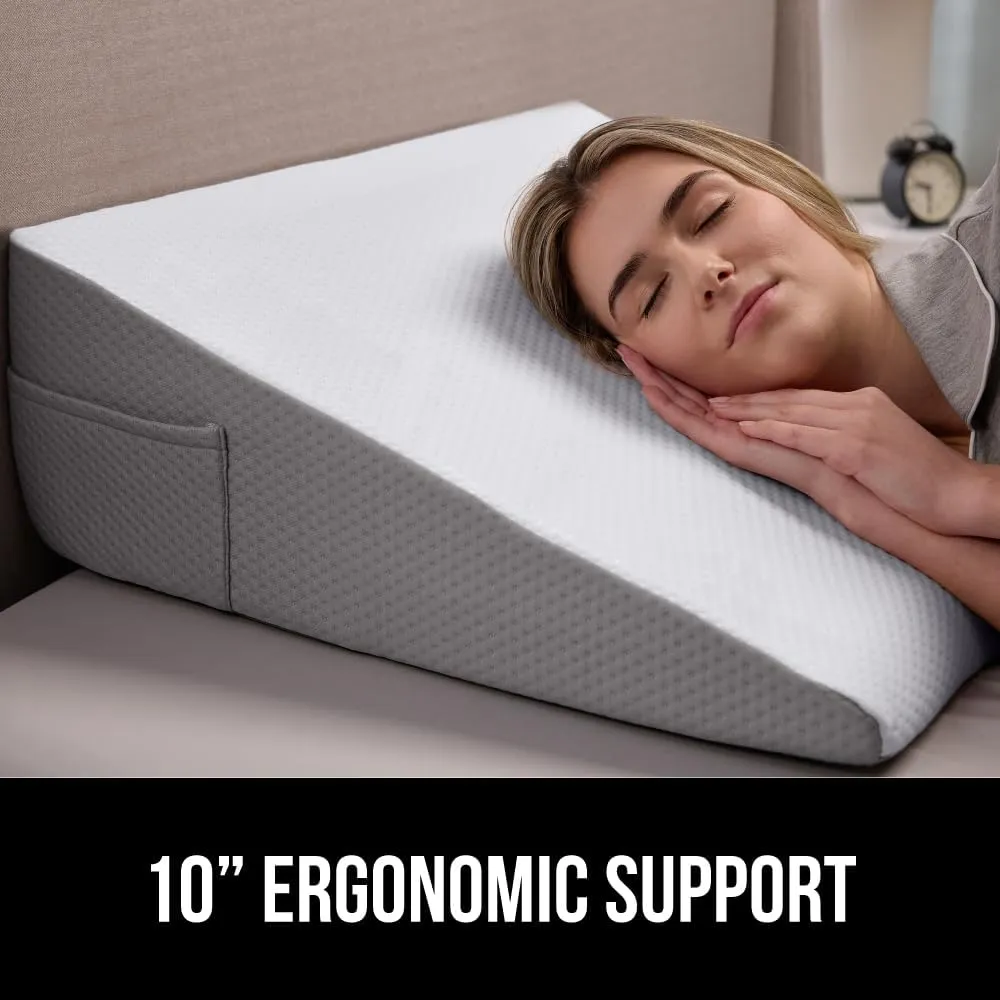 GORILLA GRIP Bed Wedge Pillow for Sleeping, Soft Dual Layer Memory Foam, Stay in Place Dots, Breathable, Ergonomic Headboard Triangle Sleep Support, Reading Elevation Anti Snoring, 10in White Gray