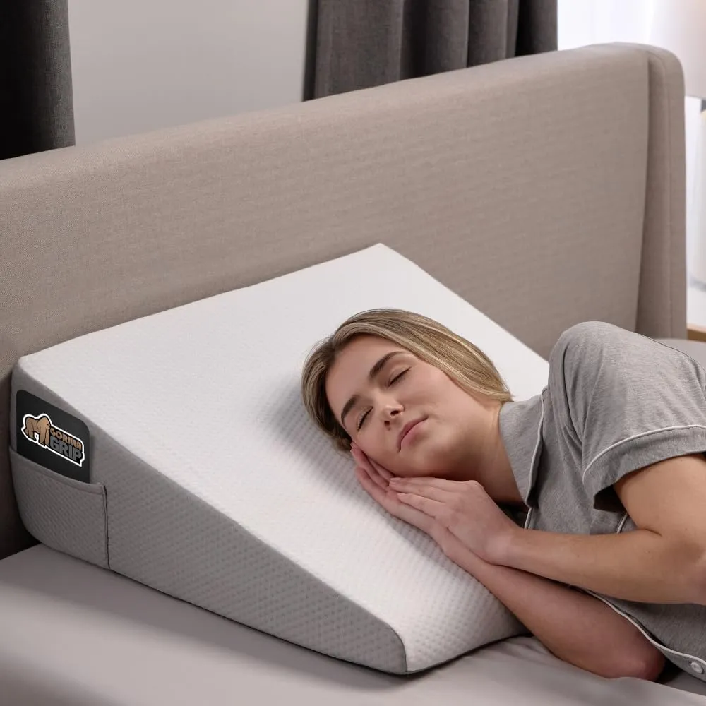 GORILLA GRIP Bed Wedge Pillow for Sleeping, Soft Dual Layer Memory Foam, Stay in Place Dots, Breathable, Ergonomic Headboard Triangle Sleep Support, Reading Elevation Anti Snoring, 10in White Gray