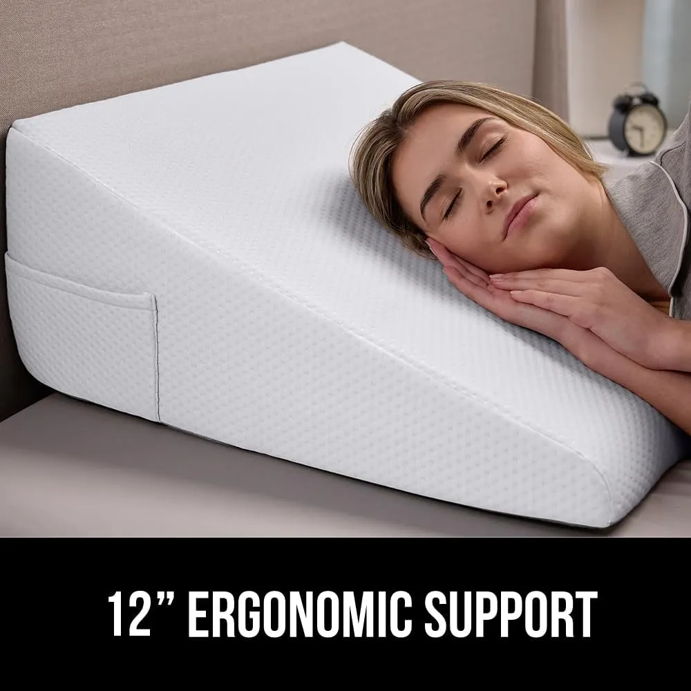 GORILLA GRIP Bed Wedge Pillow for Sleeping, Soft Dual Layer Memory Foam, Stay in Place Dots, Breathable, Ergonomic Headboard Triangle Sleep Support, Reading Elevation Anti Snoring, 12in White