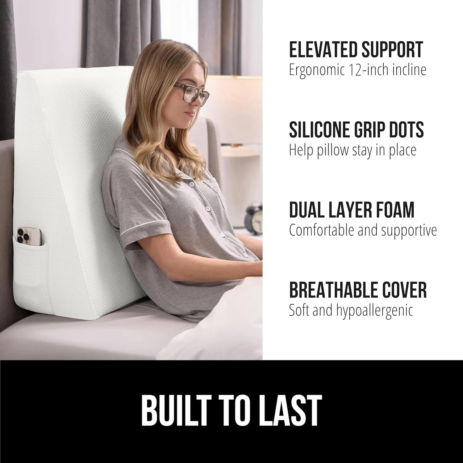 GORILLA GRIP Bed Wedge Pillow for Sleeping, Soft Dual Layer Memory Foam, Stay in Place Dots, Breathable, Ergonomic Headboard Triangle Sleep Support, Reading Elevation Anti Snoring, 12in White