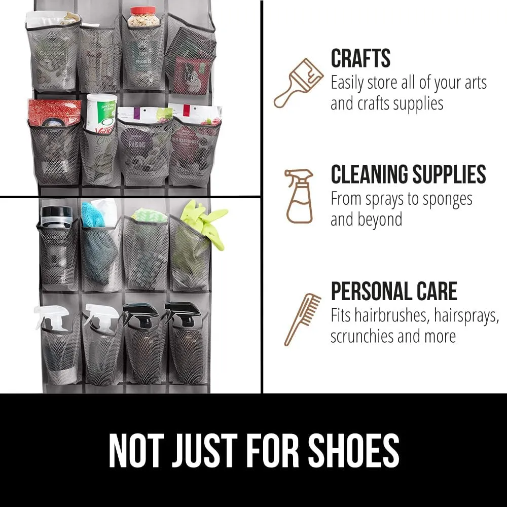 GORILLA GRIP Over the Door Shoe Organizer, 24 Extra Large Breathable Mesh Pockets, Space Saving Hanging Storage Holder, 4 Hook Closet Rack Hanger, Hangs on Closets for Shoes and Accessories, Gray