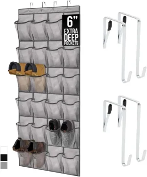 GORILLA GRIP Over the Door Shoe Organizer, 24 Extra Large Breathable Mesh Pockets, Space Saving Hanging Storage Holder, 4 Hook Closet Rack Hanger, Hangs on Closets for Shoes and Accessories, Gray