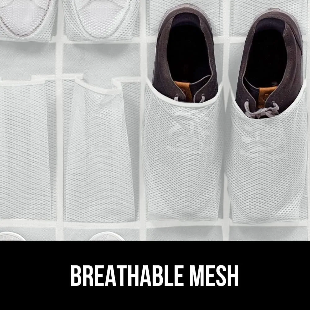 GORILLA GRIP Over the Door Shoe Organizer, 24 Extra Large Breathable Mesh Pockets, Space Saving Hanging Storage Holder, 4 Hook Closet Rack Hanger, Hangs on Closets for Shoes and Accessories, White