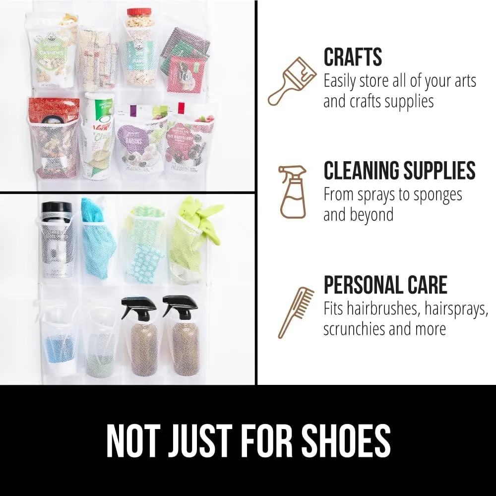 GORILLA GRIP Over the Door Shoe Organizer, 24 Extra Large Breathable Mesh Pockets, Space Saving Hanging Storage Holder, 4 Hook Closet Rack Hanger, Hangs on Closets for Shoes and Accessories, White