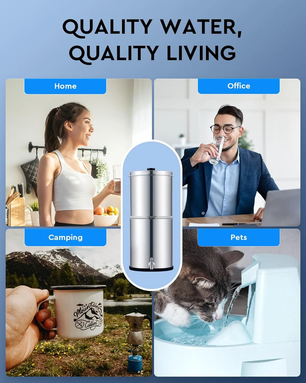Gravity Fed Water Filter, 2 Activated Carbon Filters for Home, Travel, and Outdoor Use - NSF/ANSI 42 Certified Purification Elements Replacement