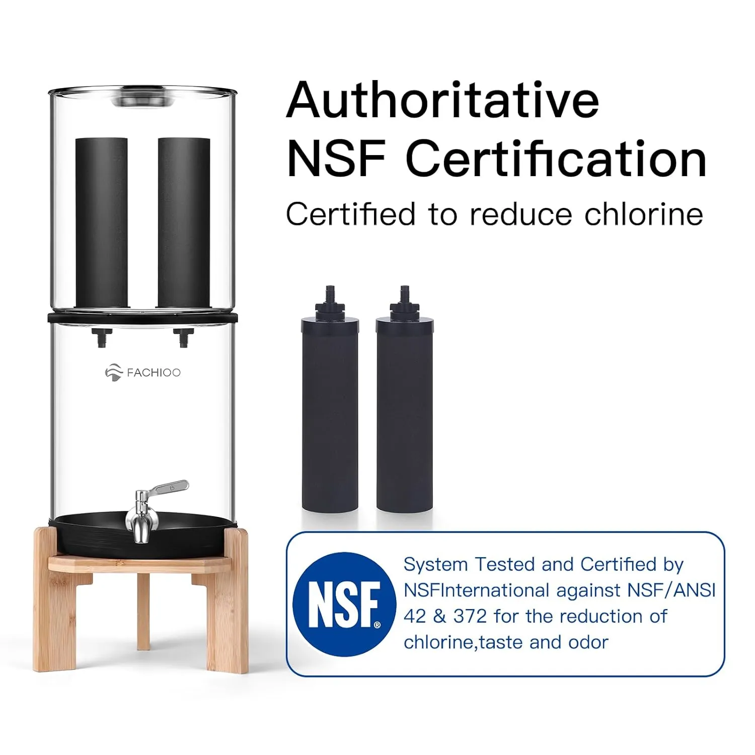 Gravity-Fed Water Filter System, 2.25G Glass Countertop System with 2 Black Purification Filter, Metal Spigot and Stand, NSF/ANSI 42 Certification, Reduces up to 99% of Chlorine