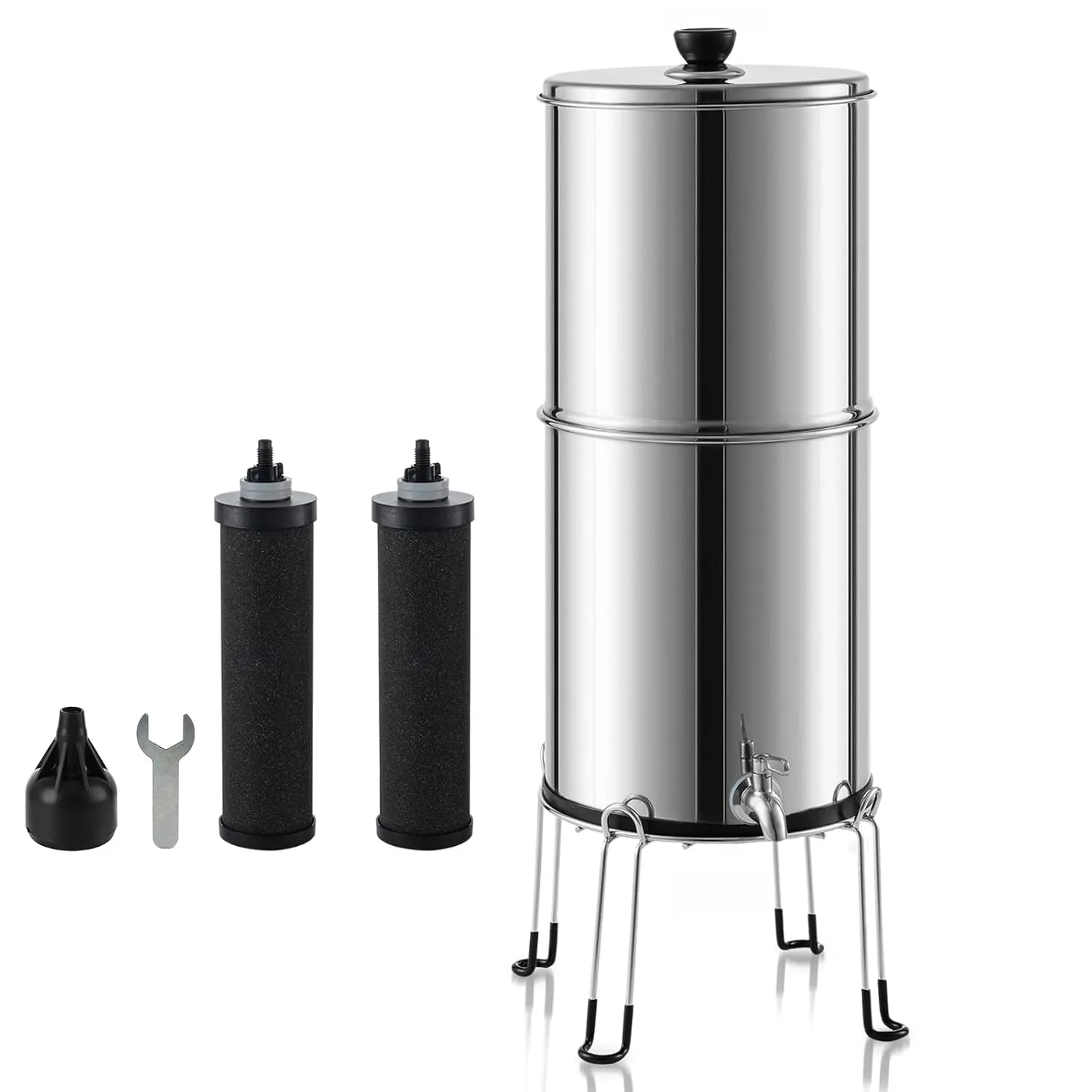 Gravity Water Filter System, 2.25 Gallons Gravity Water Purifier System, 304 Stainless Steel Countertop Water Filter System with 2 Black Carbon Filters and Stand