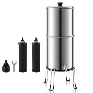 Gravity Water Filter System, 2.25 Gallons Gravity Water Purifier System, 304 Stainless Steel Countertop Water Filter System with 2 Black Carbon Filters and Stand