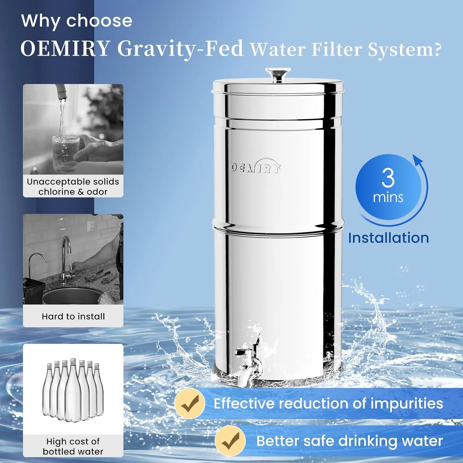 Gravity Water Filter System, 2.25G Berkey Stainless Steel Countertop System Water Purifier with Stand, Reduce 99% Chlorine for Home Camping Backpacking RVing, 2 Carbon Filters