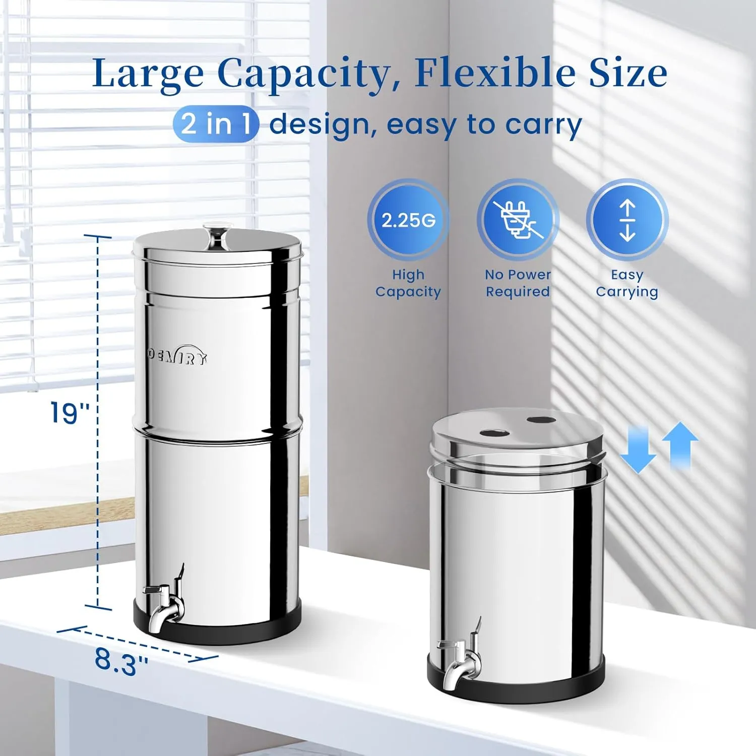 Gravity Water Filter System, 2.25G Berkey Stainless Steel Countertop System Water Purifier with Stand, Reduce 99% Chlorine for Home Camping Backpacking RVing, 2 Carbon Filters