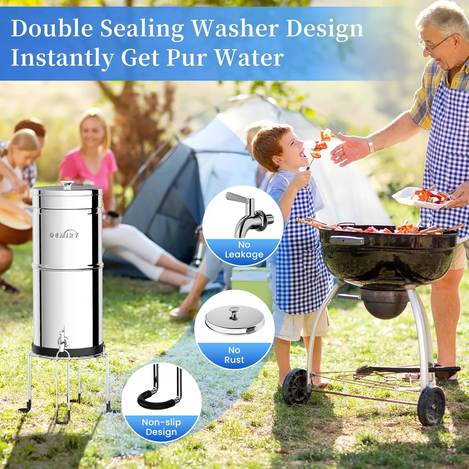 Gravity Water Filter System, 2.25G Berkey Stainless Steel Countertop System Water Purifier with Stand, Reduce 99% Chlorine for Home Camping Backpacking RVing, 2 Carbon Filters
