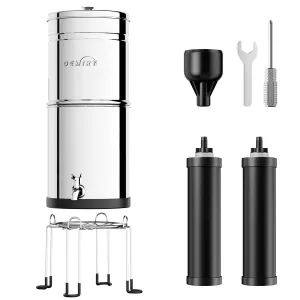 Gravity Water Filter System, 2.25G Berkey Stainless Steel Countertop System Water Purifier with Stand, Reduce 99% Chlorine for Home Camping Backpacking RVing, 2 Carbon Filters